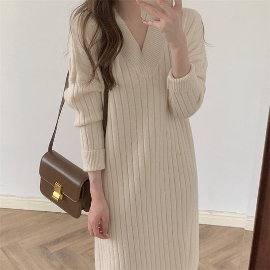 Womens V-Neck Knitted Midi Dress